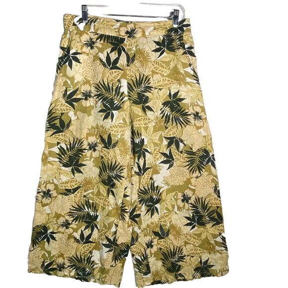 Tahari Pants - Tahari 100% Linen Cropped Wide Leg Pants Tropical Print Elastic Waist